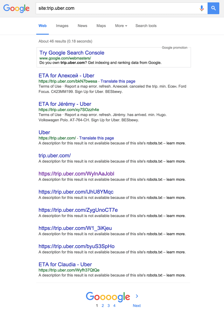 Google search results for the domain 'trip.uber.com' reveal private trip information